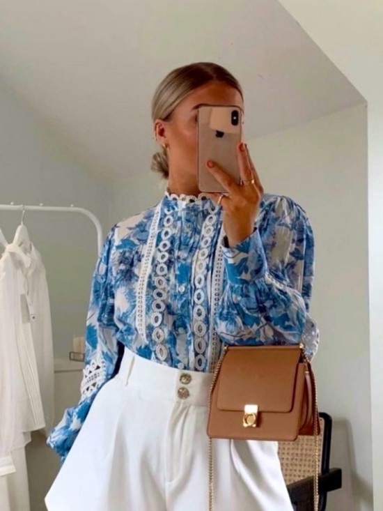 River Island Tops - River Island Blue Floral Lace-Trim Blouse size 8